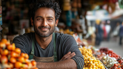 Portrait of Indian male small Kirana or grocery shop owner sitting at cash counter, looking happily at camera