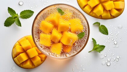 Wall Mural - refreshing mango soda with vibrant bubbles on a clean white backdrop