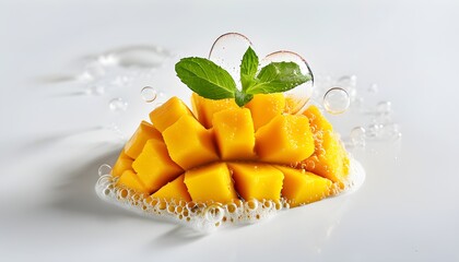 Wall Mural - refreshing mango soda with vibrant bubbles on a clean white backdrop