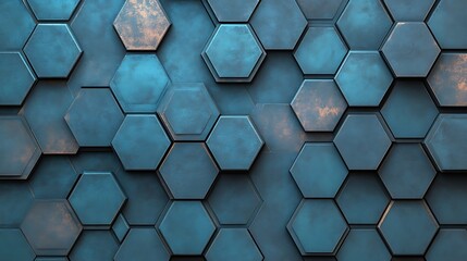 Abstract geometric pattern of teal and copper hexagon shapes.