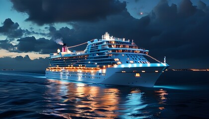 Wall Mural - Enchanting night voyage of a glowing cruise ship sailing over tranquil waters