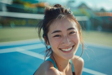 Sticker - Smiling portrait of a young Asian woman on outdoor tennis court