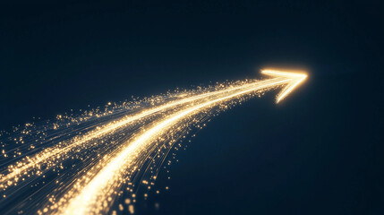 curved arrow graph made of animated light trails, illustrating significant business growth, pointing towards the top right on a dark background, with beams of light shining outward