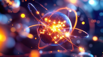 Wall Mural - abstract 3d rendering of an atom with glowing particles and energy orbits.