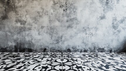 Canvas Print - Black and white patterned tiles with a grunge textured wall.