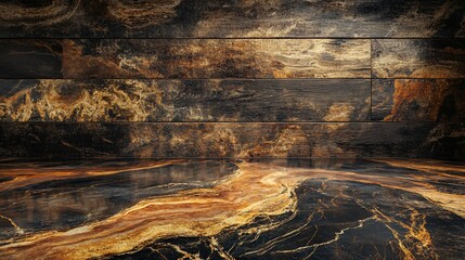 Black and gold textured background with wooden planks and a marbled floor.