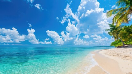 Wall Mural - tropical beach with clear water, palm trees, and vibrant blue sky, white sandy shore.