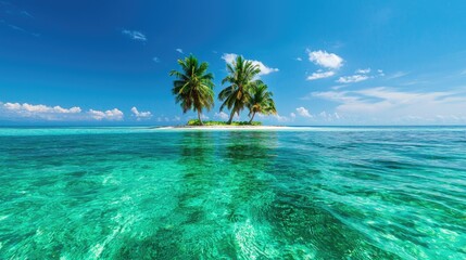 Wall Mural - tropical island with palm trees surrounded by clear turquoise water and blue sky.