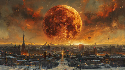 Canvas Print - a stunning cityscape illuminated by a giant orange moon, casting a warm glow over the skyline and cr