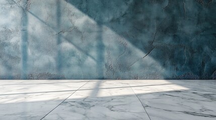 Sticker - Blue Concrete Wall with White Marble Floor.