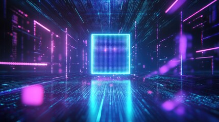 Wall Mural - Glowing blue square in a digital tunnel with pink and blue neon lights.