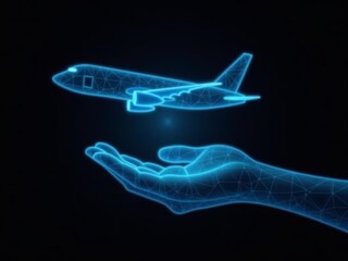 hologram of hand holding blue plane on black background