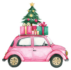 Wall Mural - PNG Christmas car christmas tree watercolor.