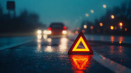 reflective triangle warning sign on wet road at night, blurred car lights in background, accident sa