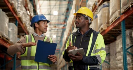 Canvas Print - Tablet, engineer team and discussion at warehouse for logistics, shipping or planning distribution. Factory, men and collaboration for inventory, stock or freight on checklist with supervisor walking