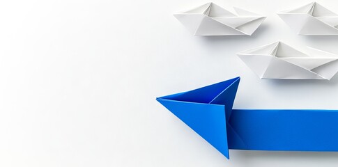 Three-dimensional illustration of an arrow shaped group of paper boats leading in the same direction.