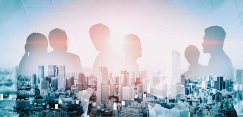 Wall Mural - double exposure image of many business people conference group meeting on city office building in ba