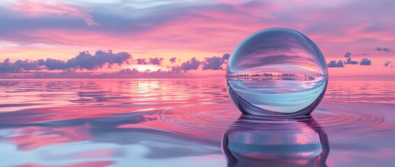 The sphere is floating in the calm ocean with the evening sun and the horizon in the background-a serene scene