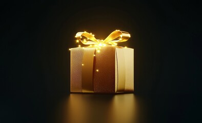 Isolated on black background, golden open gift box with golden ribbon.