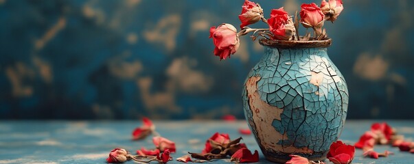 A cracked blue vase holds dried roses, surrounded by scattered petals on a textured surface.