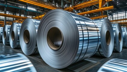 Cold rolled steel coil or stainless steel sheets at storage area in steel industry plant. in a warehouse.