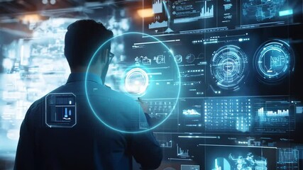 Man or businessman in front of screen hologram light blue tones, back view, HUD display theme with data analysis, front technology, finance and stock markets
