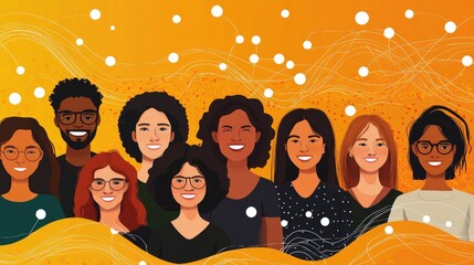 Diverse group of smiling people with wavy lines and dots in the background.