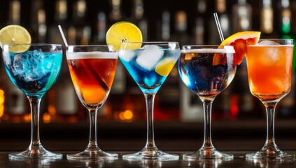 Five colorful gin tonics in wine glasses on a bar counter in a restaurant or pub, isolated with white highlights