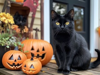 black cat with halloween decorations on porch