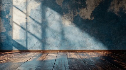 Poster - Empty room with wooden floor and blue wall with window light.