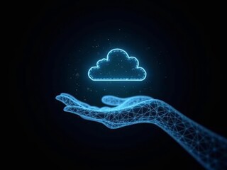 hand holding glowing cloud hologram on black background