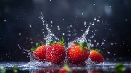 A cluster of red strawberries bursts into a glass filled with lush green leaves