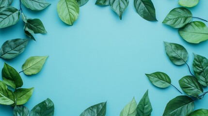 Wall Mural - Several layers of green leaves atop blue surfaces