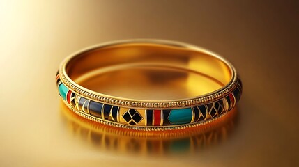 A gold bangle with colorful gemstones on a golden background.