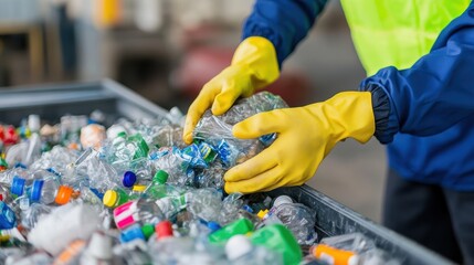 A worker in gloves sorting plastic bottles for recycling, focusing on separating various types of plastic waste for processing.