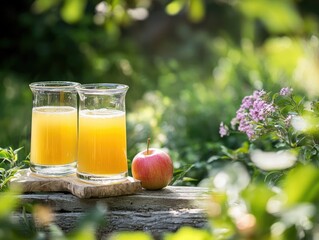 Refreshing apple juice in a summer garden