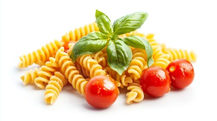 Wall Mural - White plate with pasta, tomatoes, basil, and pepper