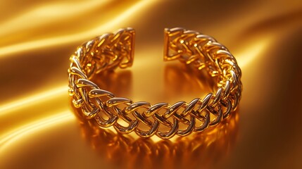 A gold chain bracelet on a golden surface.