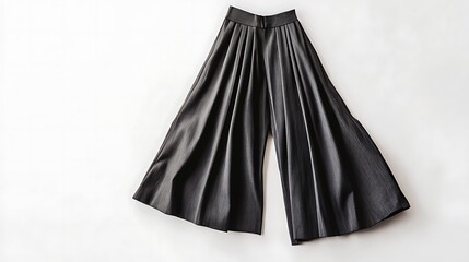 A pair of black wide-leg pants with pleats, isolated on white.