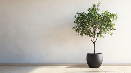 Canvas Print - Green potted plant with a white wall and wooden floor.