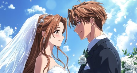 In this romantic anime wedding illustration, the bride wears a blue and white dress holding roses, while the groom wears a black suit.