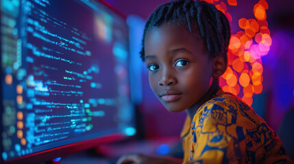 Young boy focused on computer screen with digital code in background, representing technology education, coding, programming, tech skills, digital learning, future generations