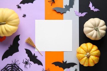 Sticker - Blank card with paper bats and pumpkins for Halloween party on colorful background