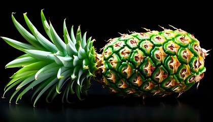 Wall Mural - Vibrant pineapple with lush green leaves set against a dramatic black backdrop