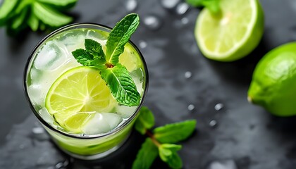 Wall Mural - Crisp lime cocktail garnished with fresh mint leaves and vibrant lime slices, ideal for summer sipping and celebrations