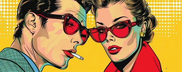 Wall Mural - Bold, colorful pop art style illustration of a fashionable couple wearing sunglasses and hats.