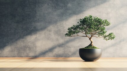 Poster - Minimalist Interior Design with a Bonsai Tree in a Black Pot on a Wooden Floor.