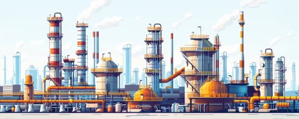 Wall Mural - Detailed illustration of a large industrial plant with various machinery and processing units.