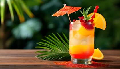 Wall Mural - Tropical summer cocktail with orange and a vibrant red umbrella garnish