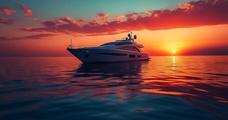 Luxury yacht at sunset over calm ocean waters